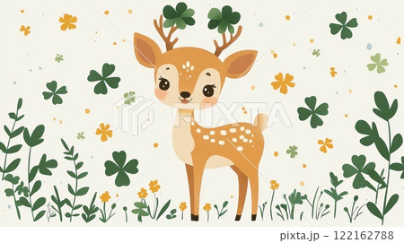 Adorable Baby Deer with Shamrock Antlers in Lush Meadow 122162788