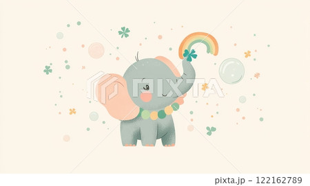 Adorable Baby Elephant in Whimsical Illustrated Scene with Rainbow and Bubbles 122162789