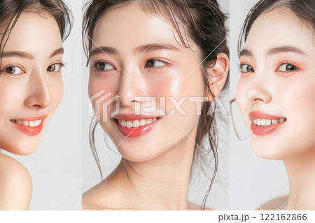 肌の綺麗な日本人モデルが3人並んでる美容広告風写真（美容整形・プチ整形・美肌）	 122162866