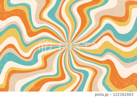 Retro spiral rays background. Vector groovy swirl radial sun beams. Vintage psychedelic striped funky bg. Cream colored 70s design wallpaper. Hypnotic curve wallpaper 122162883