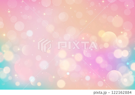 Pink cute background with bokeh and sparkles. Magic dreamy unicorn sky with glitter and stars. Fairy fantasy pastel vector gradation with iridescent effect. Lovely fairy romantic shiny illustration 122162884
