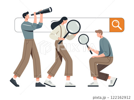 A minimalist flat vector illustration depicting three people actively searching for information.  122162912