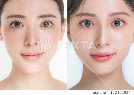 肌の綺麗な日本人モデルのビフォー・アフター美容広告風写真（美容整形