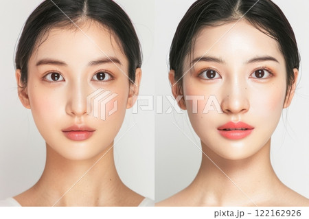 肌の綺麗な日本人モデルのビフォー・アフター美容広告風写真（美容整形・プチ整形・美肌）	 122162926
