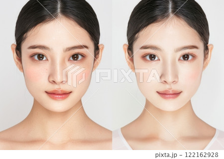 肌の綺麗な日本人モデルのビフォー・アフター美容広告風写真（美容整形・プチ整形・美肌）	 122162928