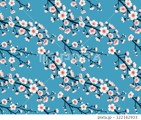 Elegant cherry blossom branches with soft pink flowers and buds seamless pattern background. 122162933
