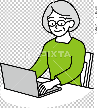 Elderly woman in front of a computer, yellow-green Elderly woman in front of a computer, yellow-green 122163016