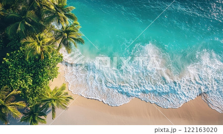 Breathtaking Tropical Beach Scene With Swaying Palm Trees and Turquoise Ocean Waves Breathtaking Tropical Beach Scene With Swaying Palm Trees and Turquoise Ocean Waves 122163020