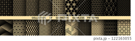 Geometric set of seamless black and golden patterns. Simple vector graphics 122163055