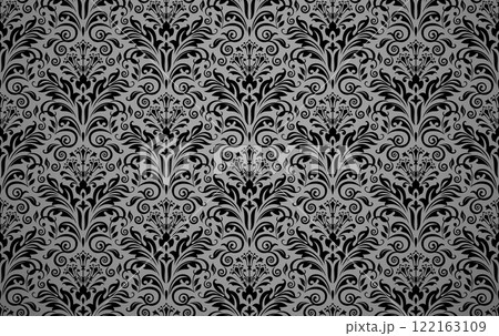 Wallpaper in the style of Baroque. Seamless vector background. Gray and black floral ornament. Graphic pattern for fabric, wallpaper, packaging. Ornate Damask flower ornament Wallpaper in the style of Baroque. Seamless vector background. Gray and black floral ornament. Graphic pattern for fabric, wallpaper, packaging. Ornate Damask flower ornament 122163109