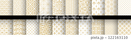 Geometric floral set of seamless patterns. White and golden vector backgrounds. Damask graphic ornaments 122163110