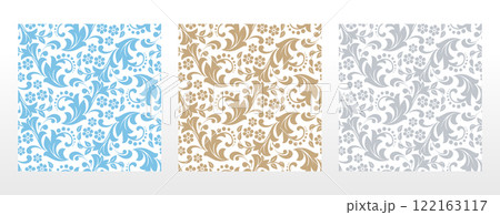 Wallpapers seamless vector backgrounds. Set of colored floral ornaments. Graphic patterns for fabric, wallpaper, packaging. Ornate Damask flower ornaments 122163117