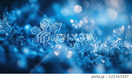 Layered Snowflake Shaped Bokeh Glowing in Cool Blues Layered Snowflake Shaped Bokeh Glowing in Cool Blues 122163307