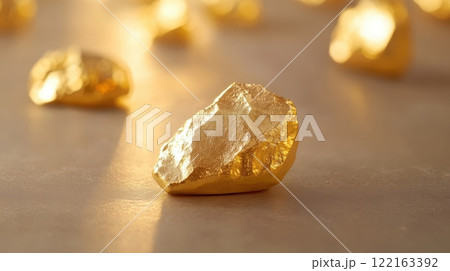 Closeup of Shimmering Golden Nugget Highlighting Wealth and Investment Potential Closeup of Shimmering Golden Nugget Highlighting Wealth and Investment Potential 122163392