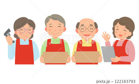 物流センターで働く笑顔のシニア男女 122163783