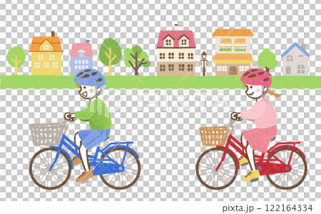 Children riding bicycles and cityscape Children riding bicycles and cityscape 122164334