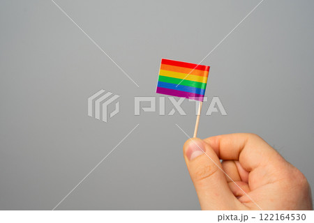 Hand holding a small LGBT rainbow flag. Diversity and inclusiveness of society, sexual minorities and LGBT. Protection of human rights and freedoms. Development of society 122164530