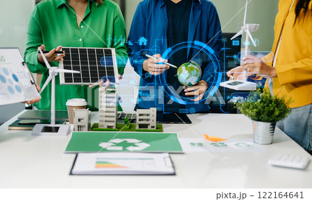 Business team working virtual modern smartphone to reduce CO2 emissions carbon footprint climate change 122164641