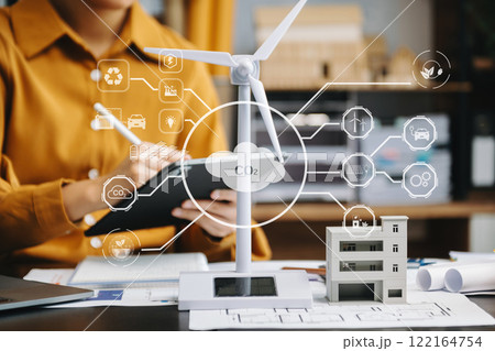 ESG concept of environmental, Green ethical business preserving resources, reducing CO2, Business person team working on laptop virtual smartphone to reduce CO2 emissions carbon 122164754