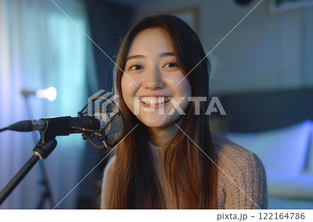 部屋で配信コンテンツの撮影をする日本人女性（ライブ配信・YouTube・クリエイター）	 122164786