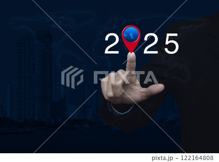 Happy new year 2025 map pointer navigation concept, Elements of this image furnished by NASA 122164808