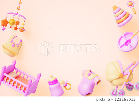 3d pink baby girl shower background. Newborn banner frame with crib, stroller, infant clothes, child bottle, pacifier, toys and space for text. Holiday border for kid birthday party. 3D illustration 122165013