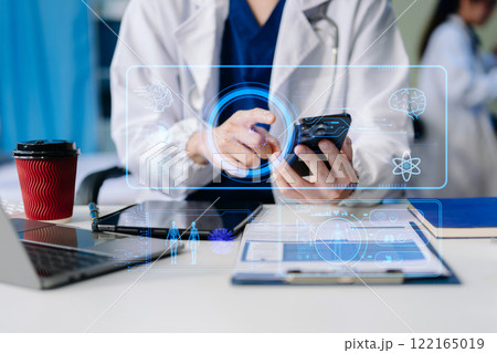 Medical technology, doctor use AI robots for diagnosis and increasing accuracy patient treatment in future. 122165019