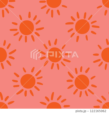 Seamless pattern featuring sun sunburst motifs on a vibrant red background. Perfect for textiles, wallpapers, packaging, digital art, invitations, stationery, home decor, gift wrap, crafts Seamless pattern featuring sun sunburst motifs on a vibrant red background. Perfect for textiles, wallpapers, packaging, digital art, invitations, stationery, home decor, gift wrap, crafts 122165062