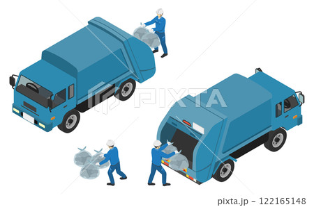 アイソメトリックイラスト：ゴミ収集車と作業員 122165148