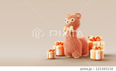 3d Llama, fluffy alpaca animal, cute Lama character, soft wool child toy with bow and gift box on light brown background. Holiday banner for Birthday, New Year and Christmas party. 3D illustration 3d Llama, fluffy alpaca animal, cute Lama character, soft wool child toy with bow and gift box on light brown background. Holiday banner for Birthday, New Year and Christmas party. 3D illustration 122165210