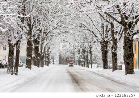 Street and avenue of trees covered with white snow, beatiful winter day 122165257