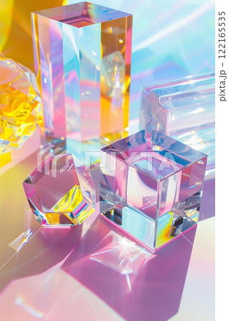Colorful Geometric Crystal Cubes and Prism in Vibrant Light Display 122165535