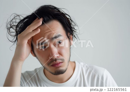 生え際の薄毛に悩む男性(AGA・男性型脱毛症・若ハゲ・M字ハゲ・はげ・育毛剤) 生え際の薄毛に悩む男性(AGA・男性型脱毛症・若ハゲ・M字ハゲ・はげ・育毛剤) 122165561