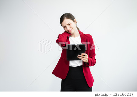 Image of sad office girl, Caucasian woman sulking and frowning disappointed, standing upset white background. 122166217