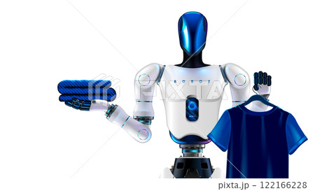 A humanoid robot with artificial intelligence or AI. A humanoid servant robot stacks laundry and hangs a T-shirt on a hanger. An anthropomorphic AI robot does housework holding clothes in his hands. 122166228