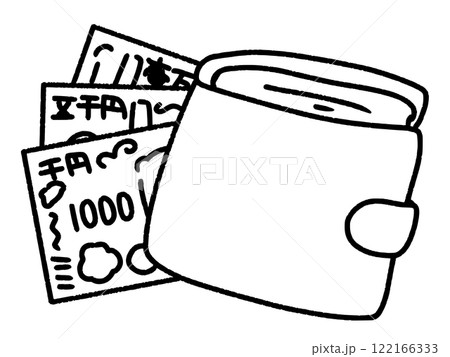 シンプルタッチの新札と折りたたみ財布 線画 シンプルタッチの新札と折りたたみ財布 線画 122166333