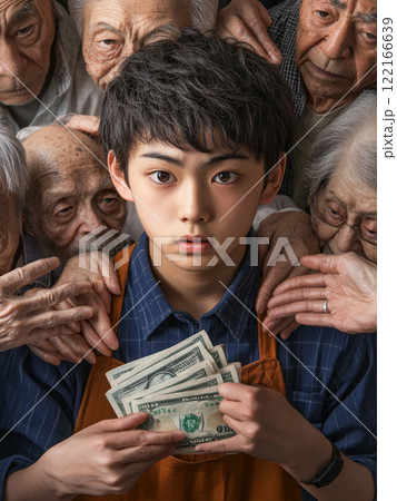 大勢の高齢者に囲まれた若者が財布のお金を持ち守る瞬間｜世代間のプレッシャーと現代社会の葛藤 122166639