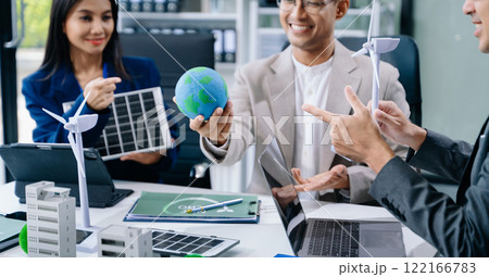 Discussion among businesspeople on the latest developments in solar cell panel technology and Solar Energy city Discussion among businesspeople on the latest developments in solar cell panel technology and Solar Energy city 122166783