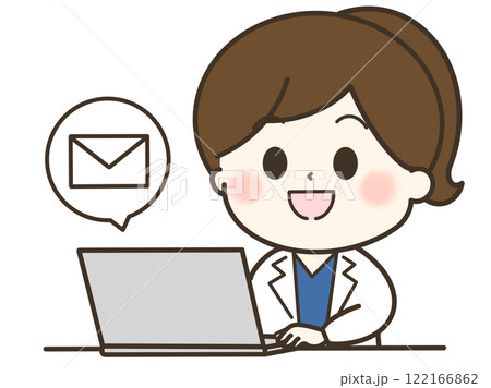 パソコンでメールを送る白衣の女性のゆるかわイラスト 122166862