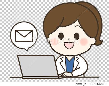 パソコンでメールを送る白衣の女性のゆるかわイラスト 122166862