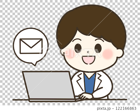 パソコンでメールを送る白衣の男性のゆるかわイラスト 122166863