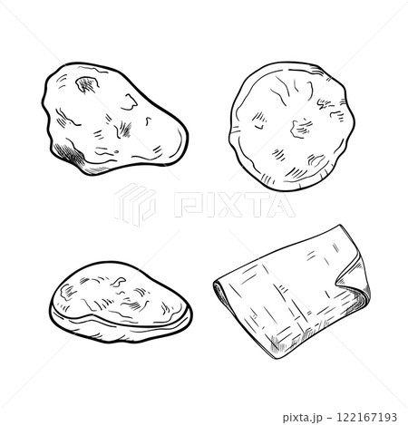Mediterranean bread pita, Greek flatbread black white vector illustration isolated. Hand drawn set of Arabic bread and napkin. Naan bread top view monochrome painted outline for design bakery. 122167193