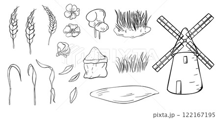 Wheat ears, flax, windmill, grass, flour bag, and grains hand drawn black white vector isolated. Set of line illustrations for design on the themes of agriculture, baking, and organic products. 122167195