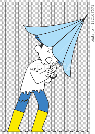 非常に激しい雨の中傘をさし長靴を履いている男性 非常に激しい雨の中傘をさし長靴を履いている男性 122167573