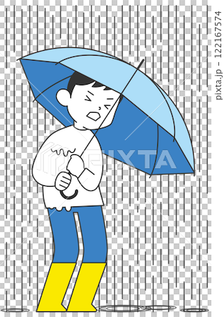 一個人在大雨中撐著雨傘，穿著雨鞋 122167574