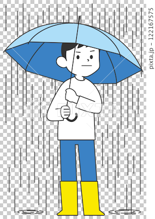 A man wearing rain boots and holding an umbrella in heavy rain 122167575