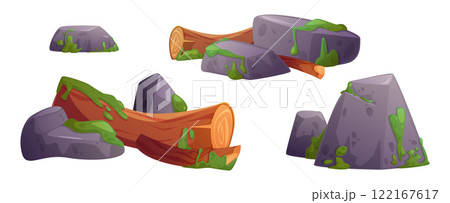Swamp environment set with moss stones and logs Swamp environment set with moss stones and logs 122167617