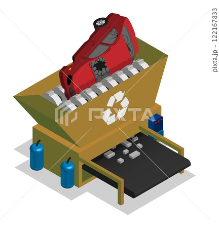 Isometric auger device grinds up car damaged in auto accident for recycling scrap metal. Hydraulic press compresses damaged car on junkyard. Aerial view 3D vector isolated on white background Isometric auger device grinds up car damaged in auto accident for recycling scrap metal. Hydraulic press compresses damaged car on junkyard. Aerial view 3D vector isolated on white background 122167833