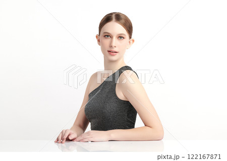 Beautiful young woman with clean fresh skin on white background, Face care, Facial treatment, Cosmetology, beauty and spa, women portrait. 122167871