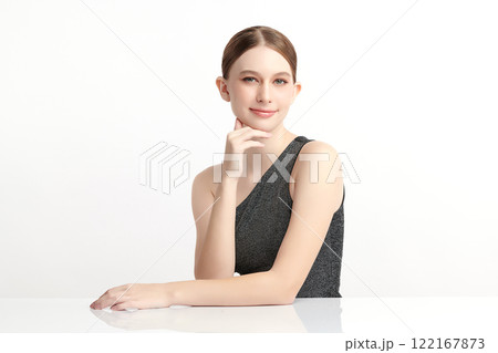 Beautiful young woman with clean fresh skin on white background, Face care, Facial treatment, Cosmetology, beauty and spa, women portrait. 122167873